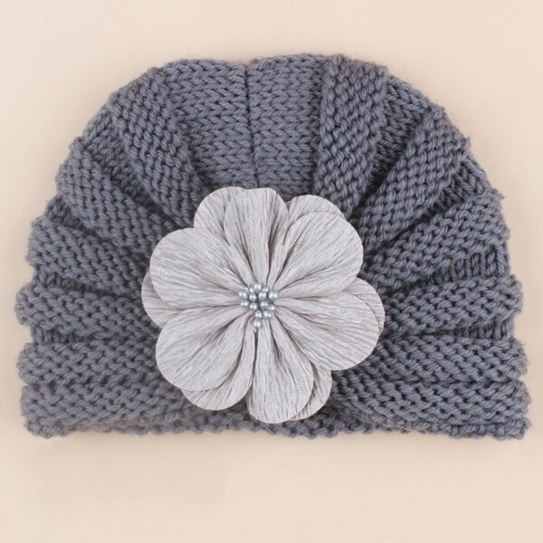 

Baby Flower Decor Knit Turban Hat, Grey