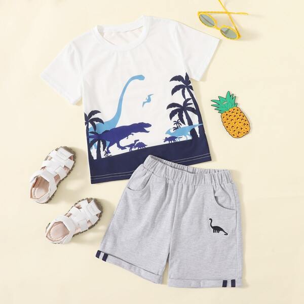 

Toddler Boys Palm Tree & Cartoon Dinosaur Tee With Shorts, Multicolor
