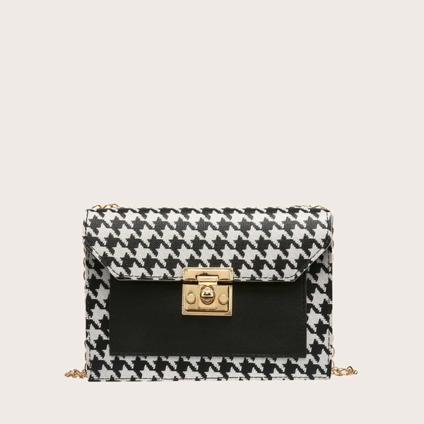 

Houndstooth Chain Shoulder Bag, Black