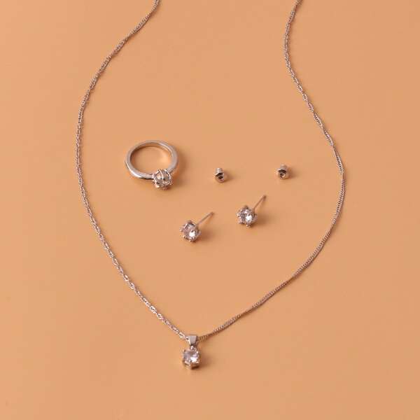 

4pcs Zircon Decor Jewelry Set, Silver