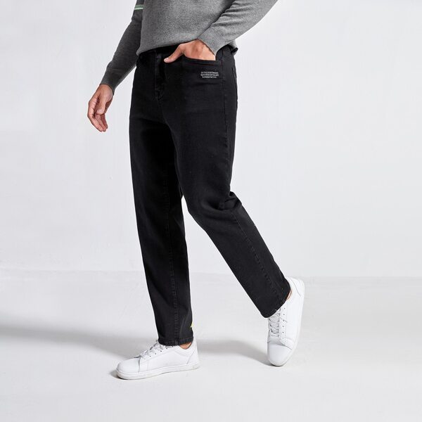 

Men Slogan Graphic Colorblock Jeans, Black