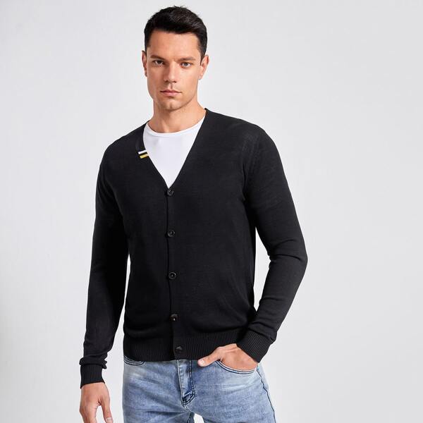 

Men Single Breasted Striped Pattern Cardigan, Black