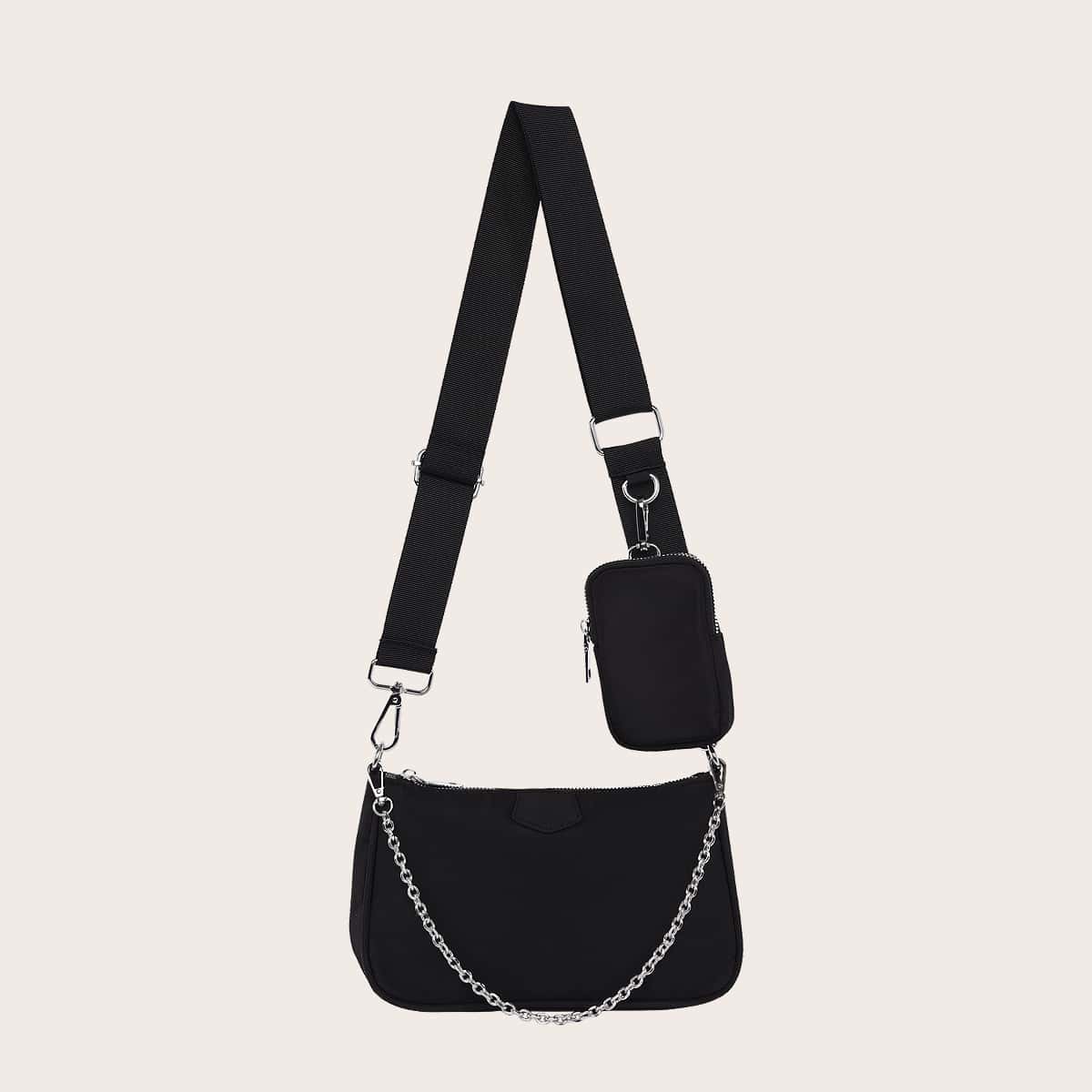 

Chain Decor Baguette Bag With Purse, Black
