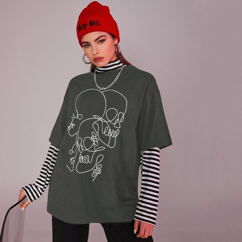

Skull Graphic Oversized Tee, Dark grey