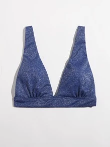 Glitter V Neck Bikini Top, For Summer Beach Vacation - Blue - View 1