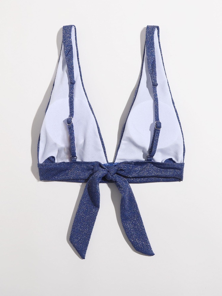 Glitter V Neck Bikini Top, For Summer Beach Vacation - Blue - View 2