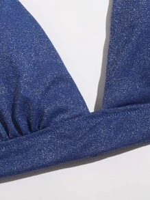 Glitter V Neck Bikini Top, For Summer Beach Vacation - Blue - View 3
