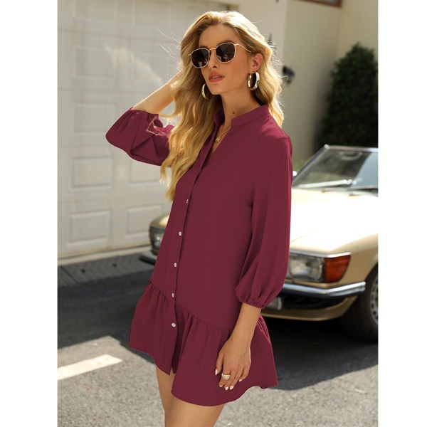 

Button Front Ruffle Hem Lantern Sleeve Dress, Maroon