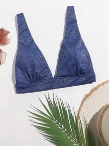 Glitter V Neck Bikini Top, For Summer Beach Vacation - Blue - View 4