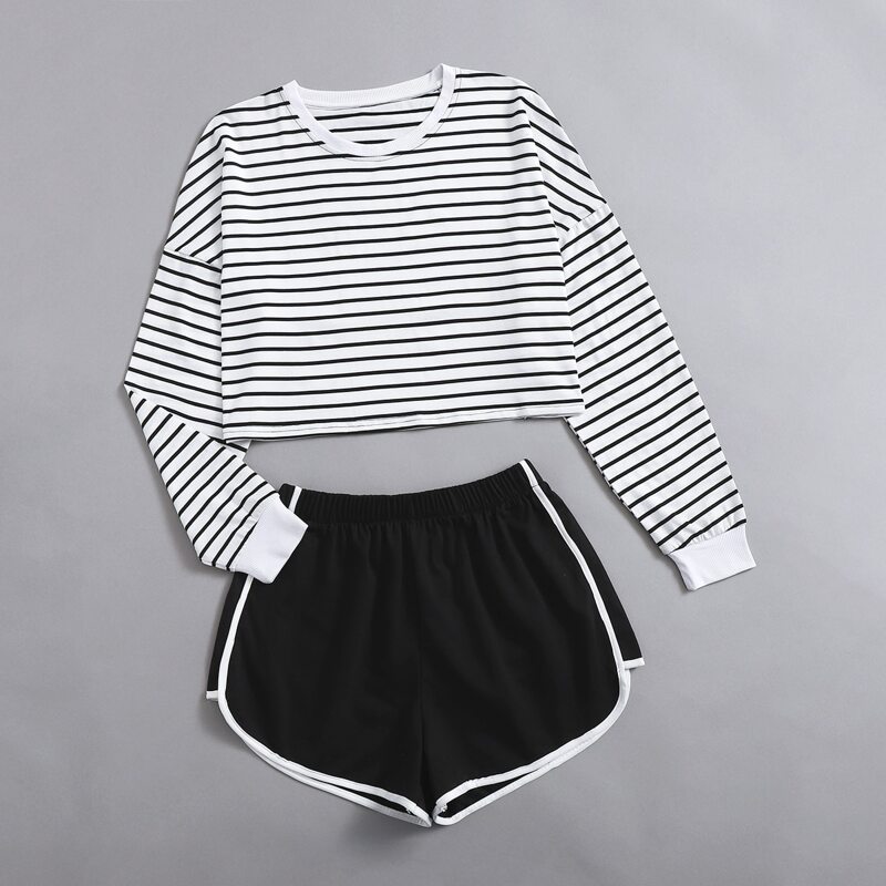 

Striped Crop Tee & Dolphin Shorts, Black and white