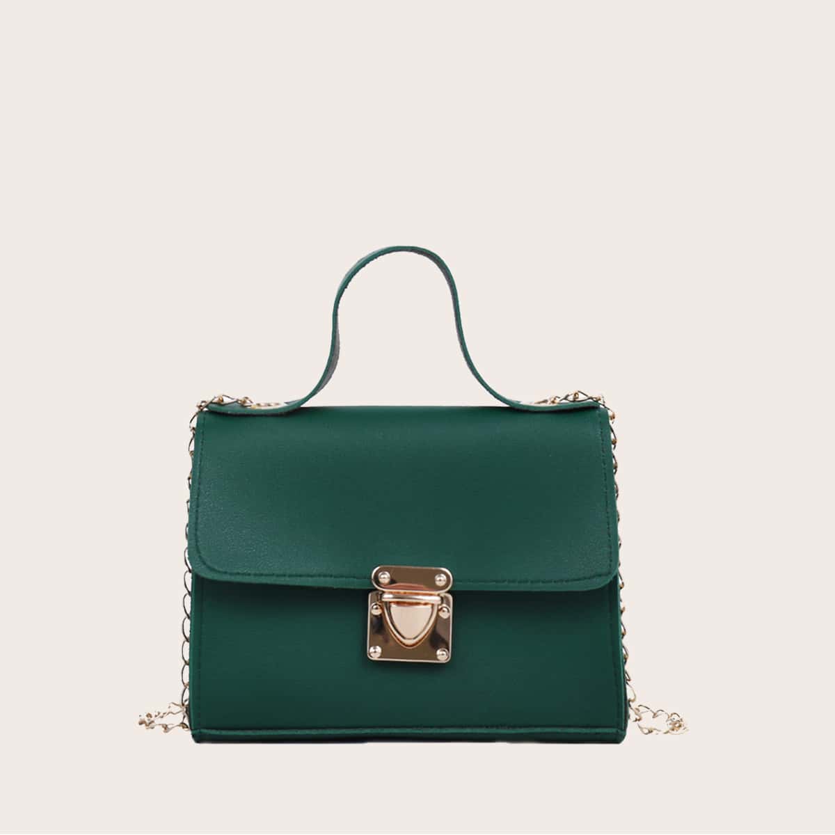 

Push Lock Flap Chain Satchel Bag, Green