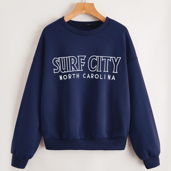 

Drop Shoulder Letter Embroidery Thermal Pullover, Navy blue