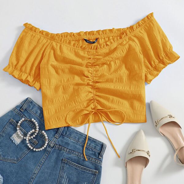 

Plus Ruched Off-the-Shoulder Crop Top, Mustard yellow