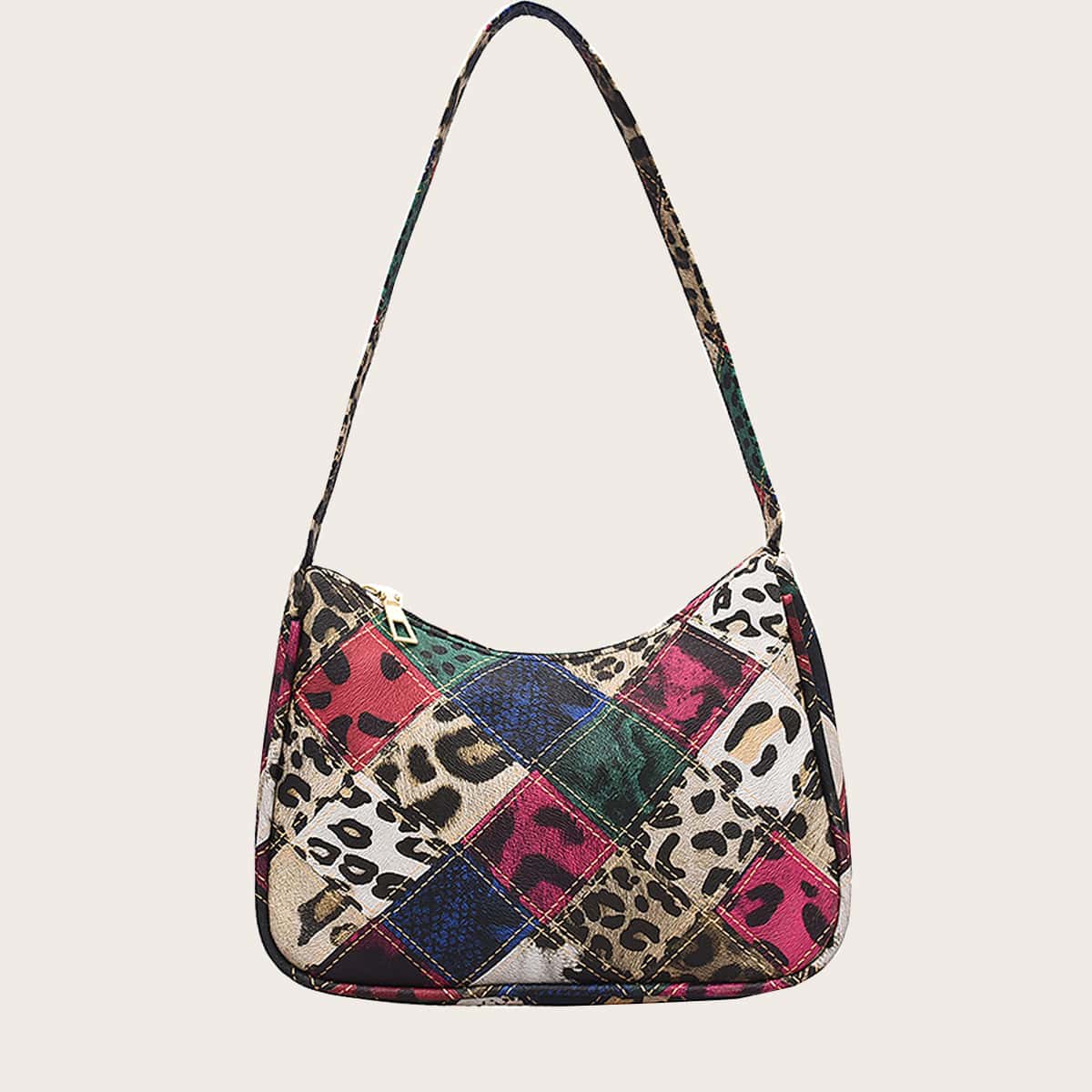 

Leopard Print Color Block Baguette Bag, Multicolor