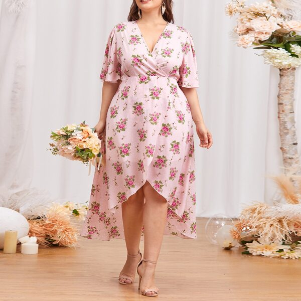 

Plus Allover Floral Print Tulip Hem Dress, Baby pink