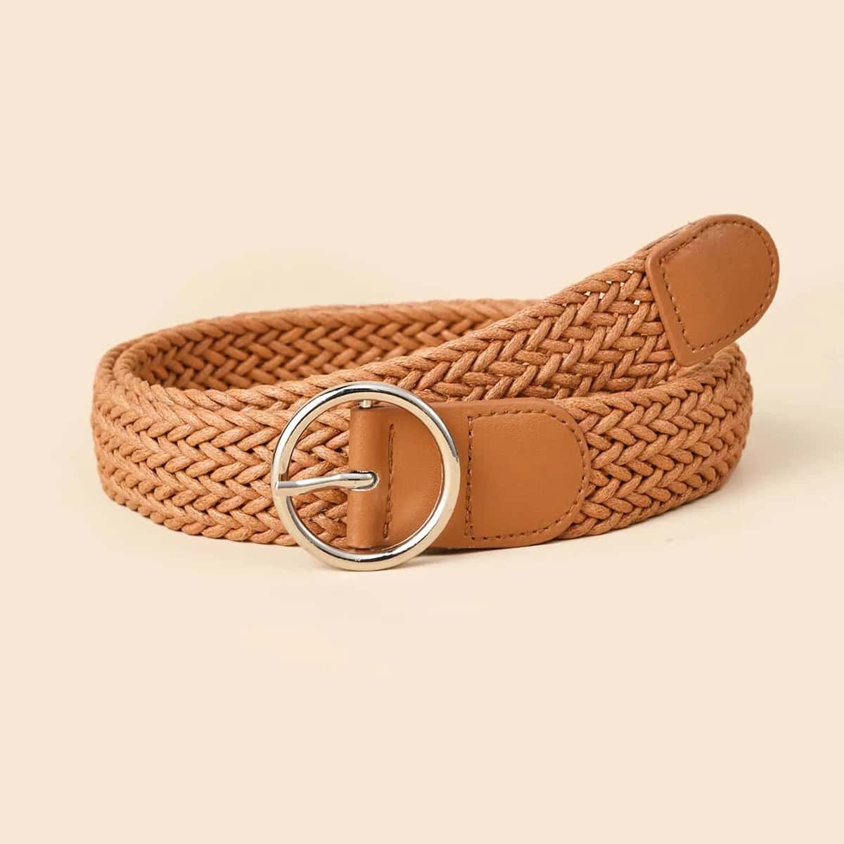 

Round Buckle Woven Belt, Brown
