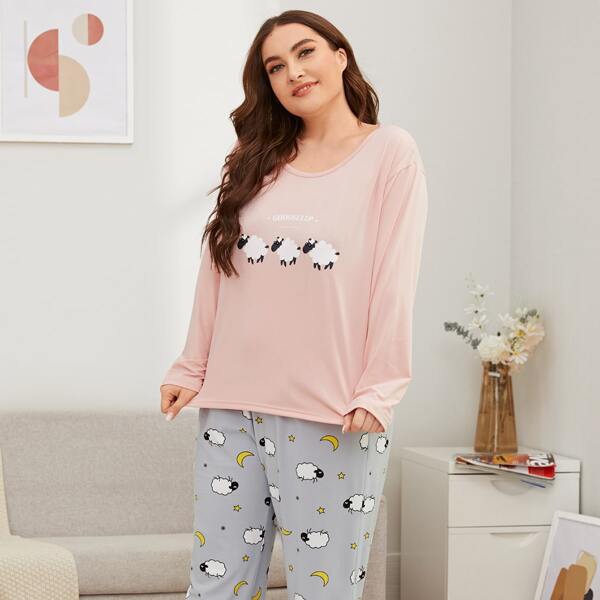 

Plus Sheep & Slogan Graphic Sleep Top, Baby pink