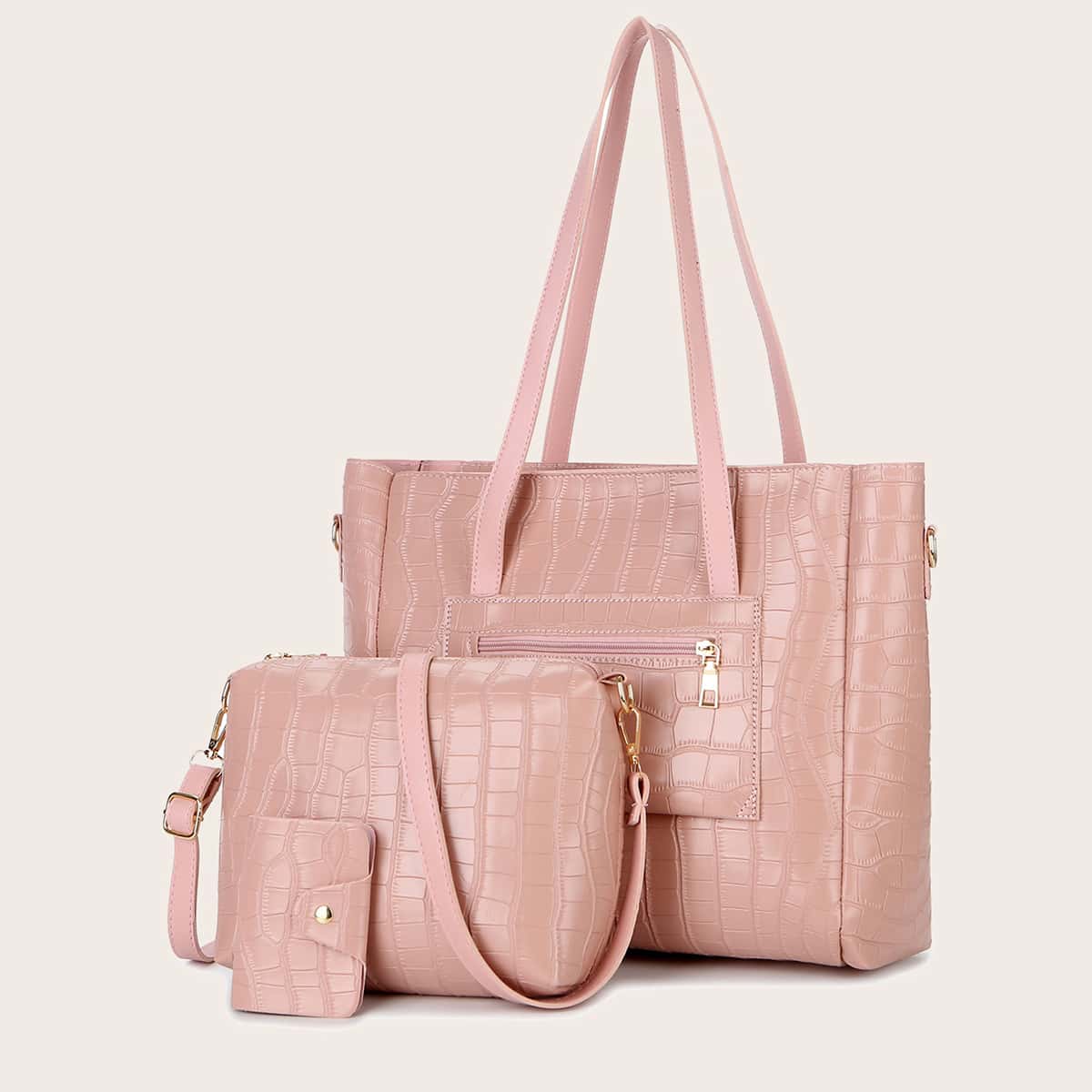 

3pcs Croc Embossed Tote Bag Set, Pink