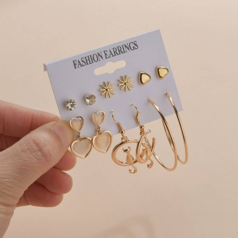 

6pairs Heart & Rhinestone Decor Earrings, Multicolor