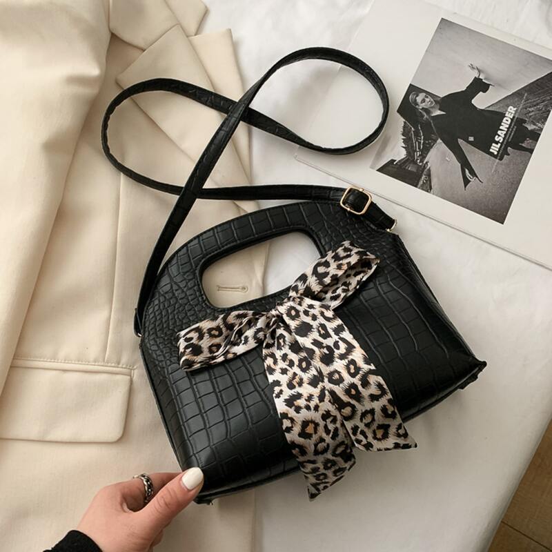 

Leopard Bow Croc Embossed Satchel Bag, Black