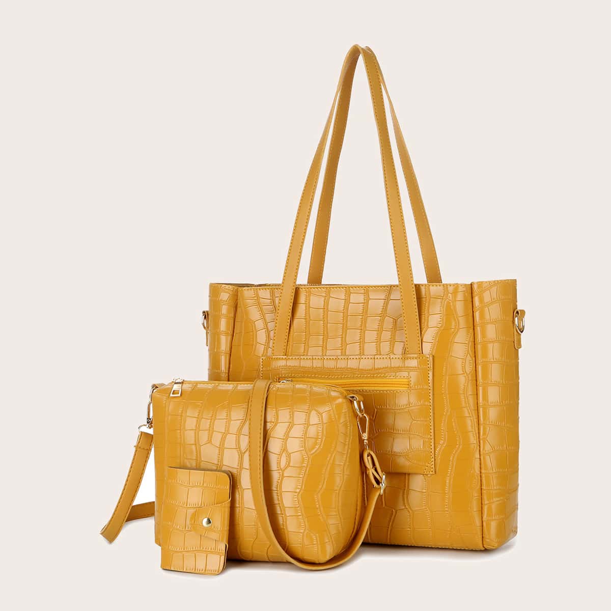 

3pcs Croc Embossed Tote Bag Set, Yellow