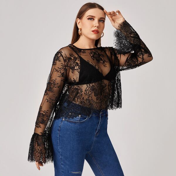 

Plus Bell Sleeve Sheer Lace Top Without Bra, Black