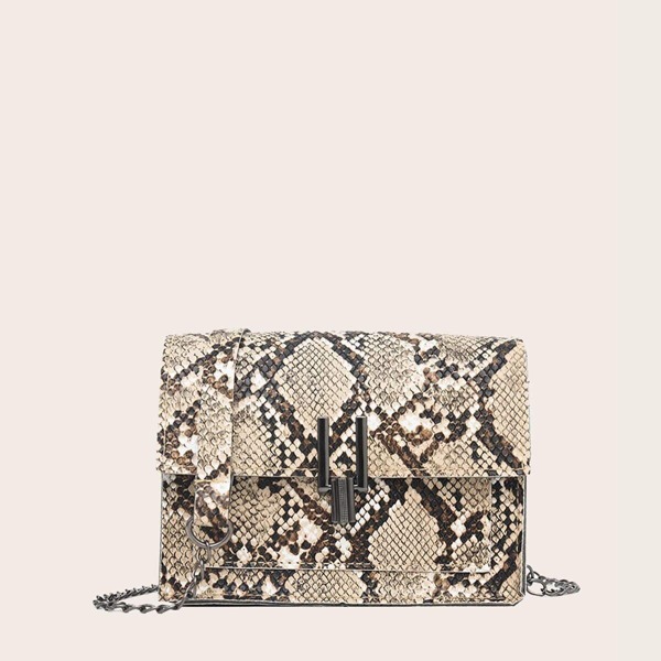 

Snakeskin Print Flap Chain Bag, Brown