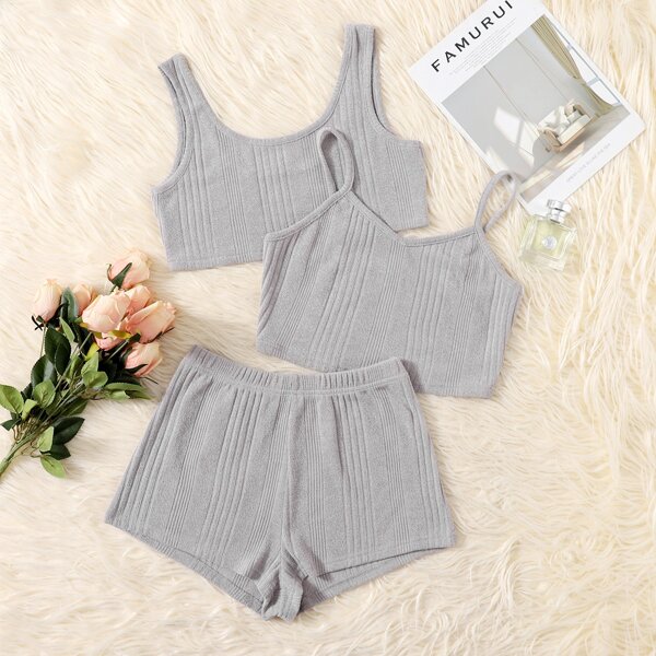 

3pcs Solid Ribbed Tank Top & Cami Top & Shorts Lounge Set, Grey