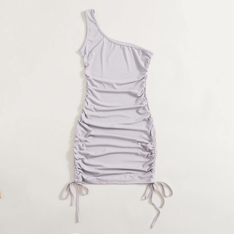 

Solid One Shoulder Ribbed Drawstring Side Dress, Dusty purple