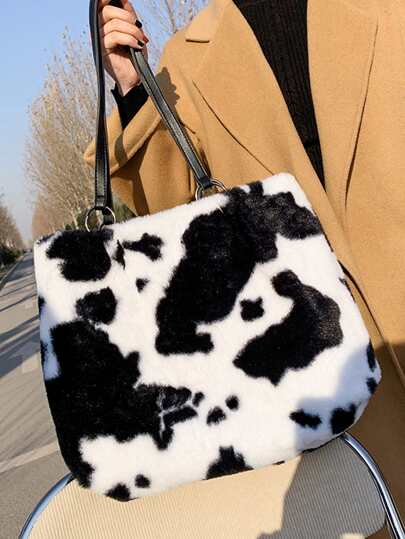 Cow Print Fluffy Tote Bag
