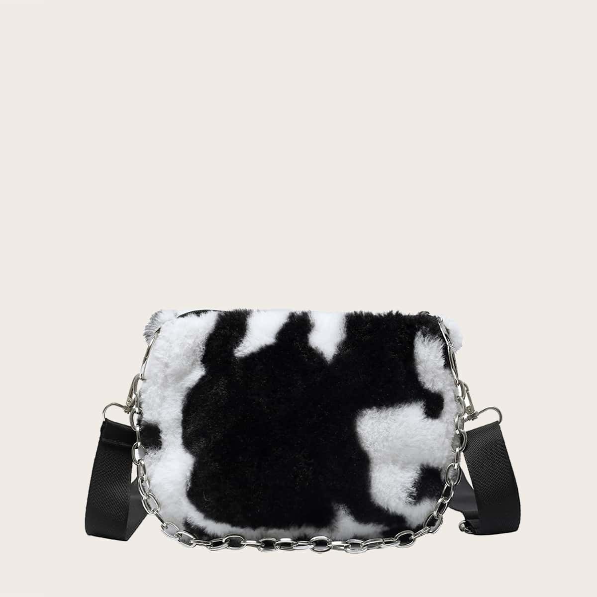 

Cow Print Fluffy Shoulder Bag, Black and white