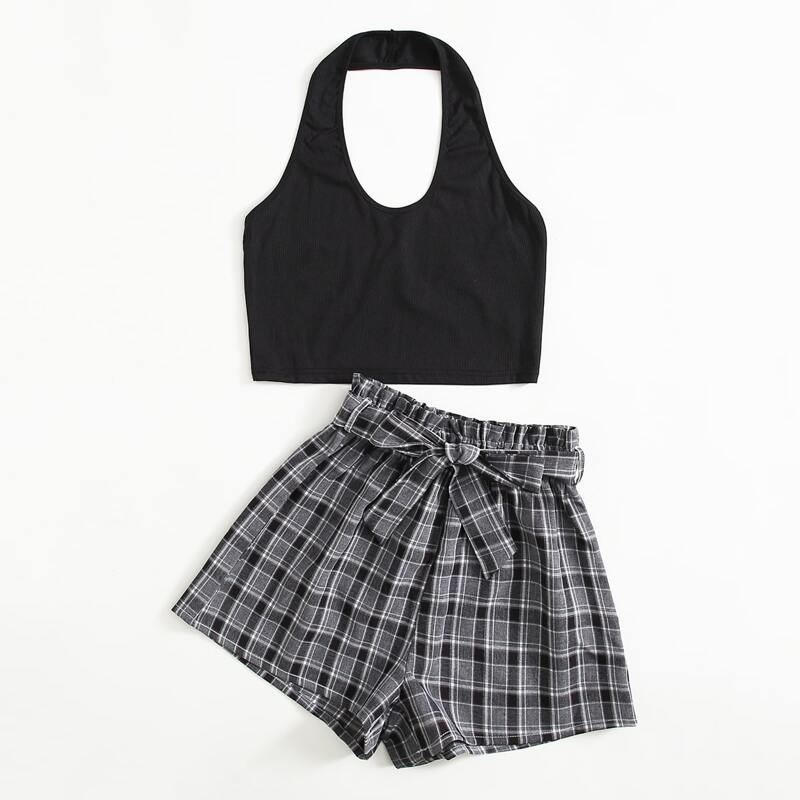 

Halter Crop Top & Plaid Shorts, Multicolor