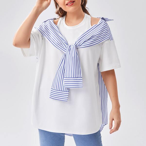 

Plus Striped Panel Tie Front Cut Out Blouse, Blue and white