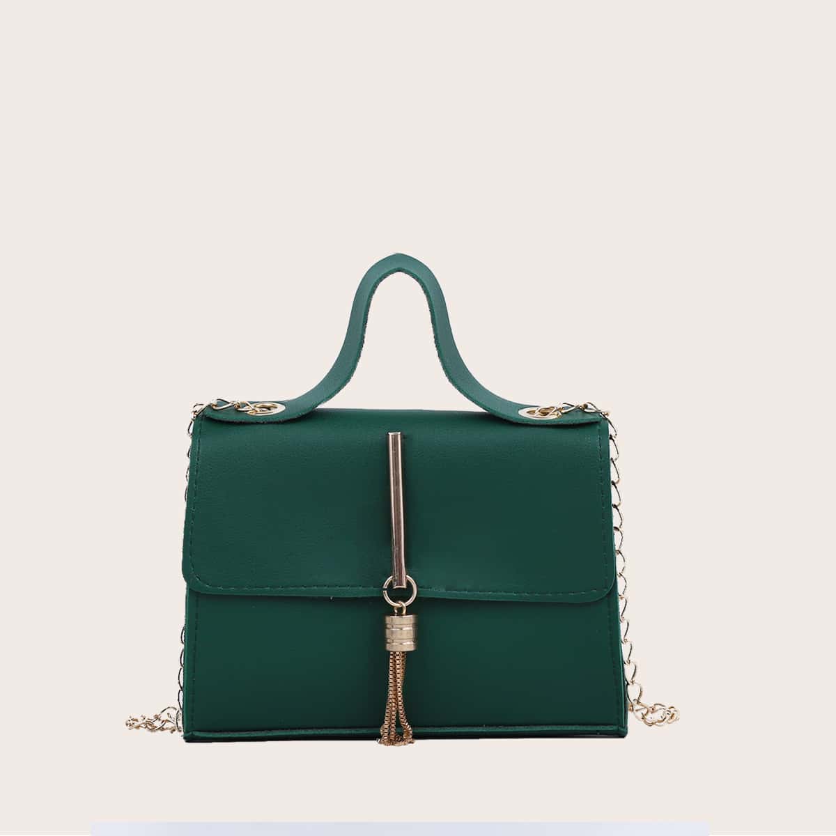 

Metal Tassel Charm Flap Chain Satchel Bag, Green