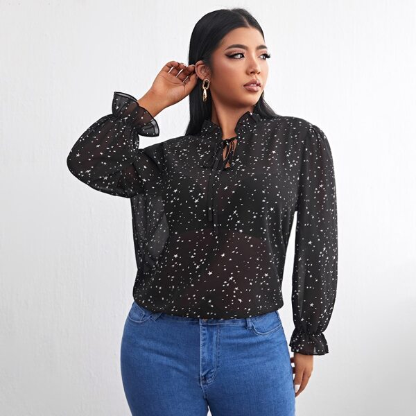 

Plus Galaxy Print Tie Neck Chiffon Blouse, Black