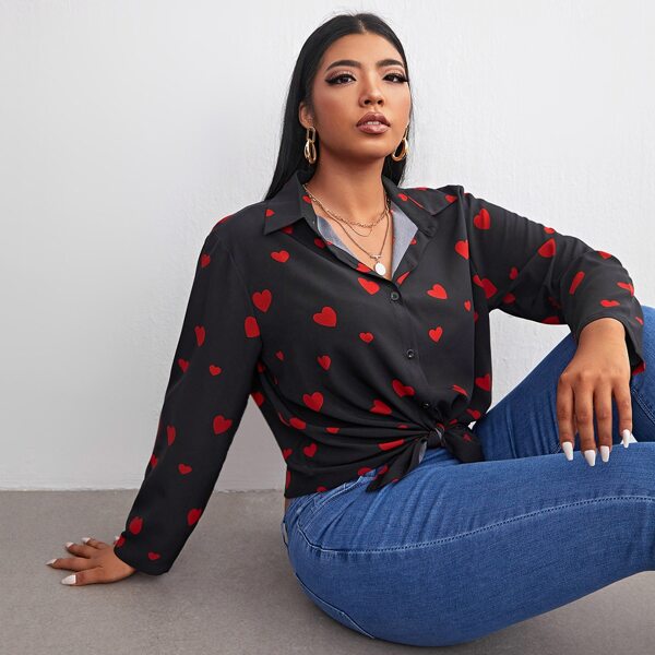 

Plus Heart Print Button Up Blouse, Black