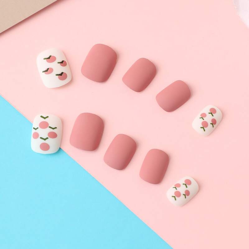 

24pcs Peach Print Fake Nail, Pink