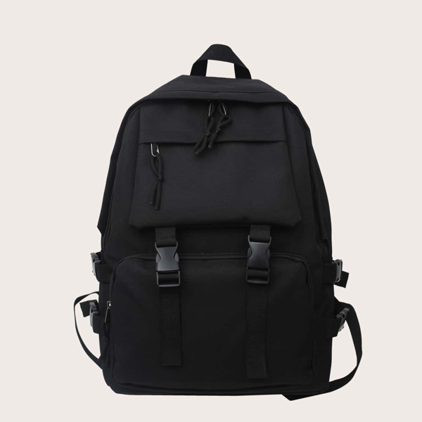 

Double Release Buckle Pocket Front Backpack, Black