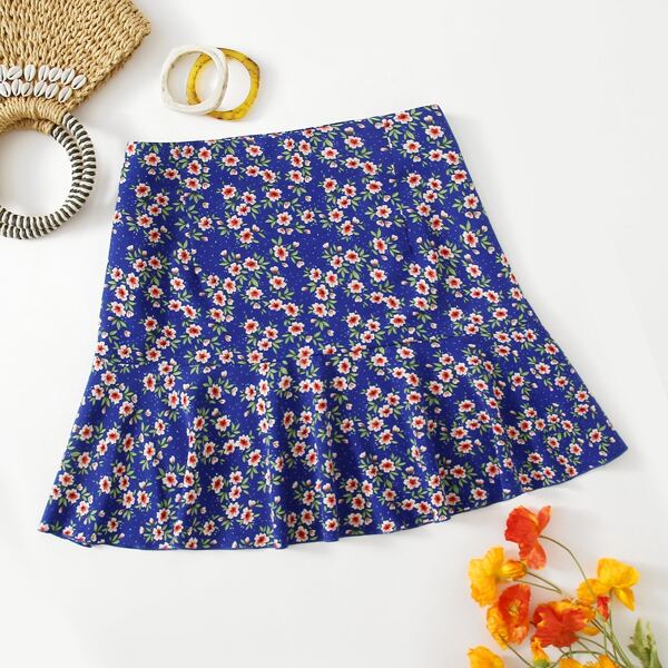 

Plus Allover Floral Print Ruffle Hem Skirt, Multicolor