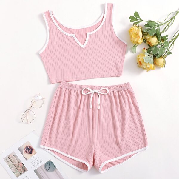 

Contrast Binding Knot Front Tank Lounge Set, Baby pink