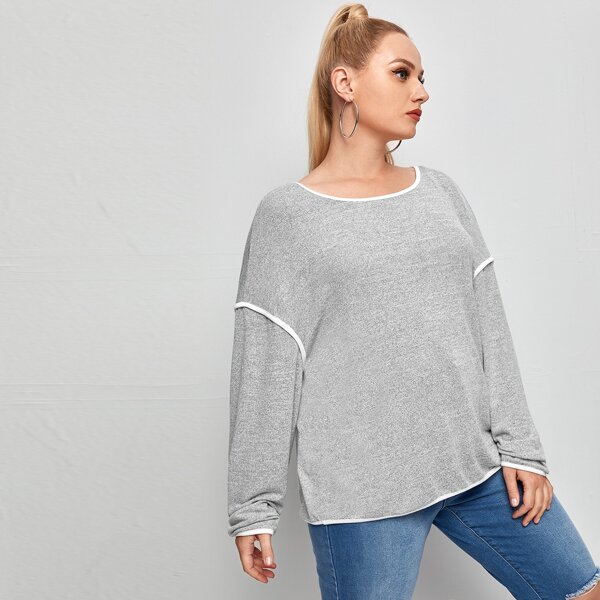 

Plus Contrast Binding Drop Shoulder Tee, Light grey