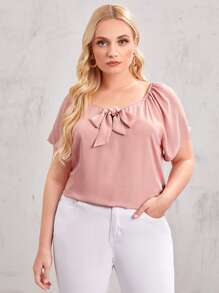 SHEIN Clasi Top Sólido De Manga Raglán Con Nudo Frontal Para Tallas Grandes