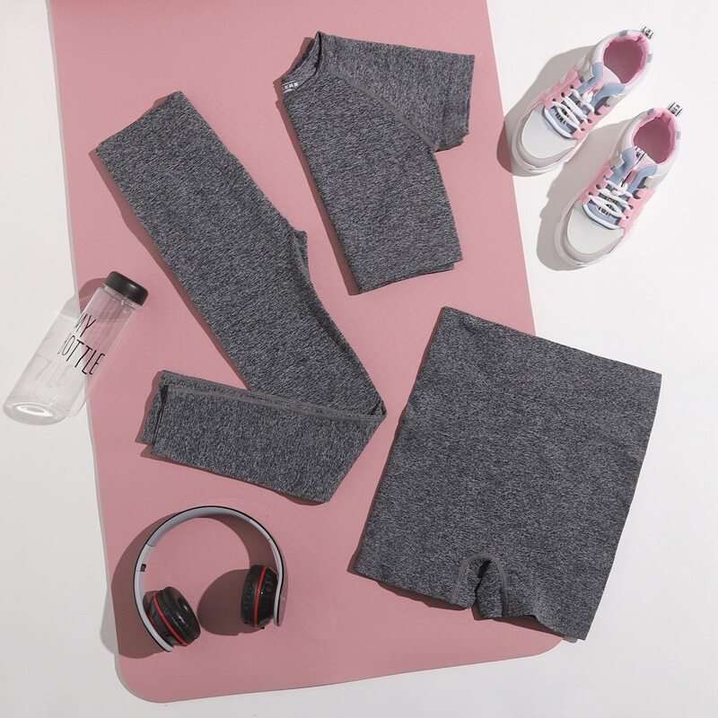

Seamless 3pcs Space Dye Sports Tee & Biker Shorts & Leggings, Dark grey