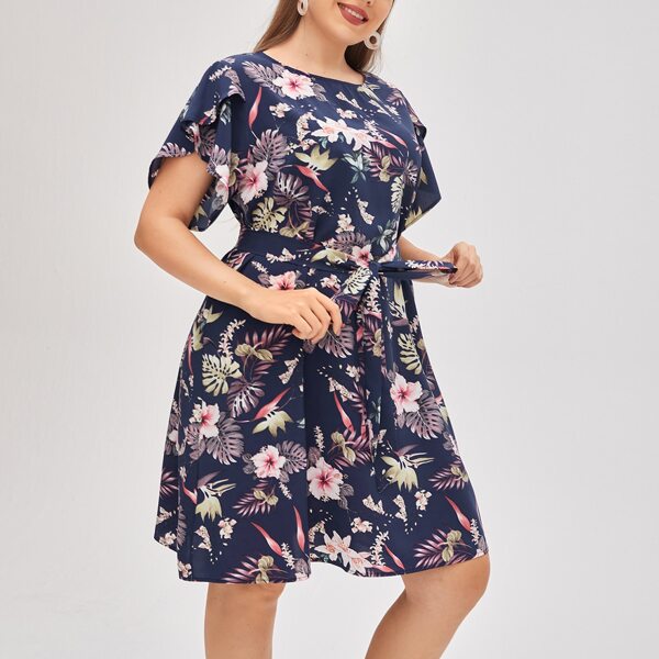 

Plus Butterfly Sleeve Belted Tropical Print Dress, Multicolor