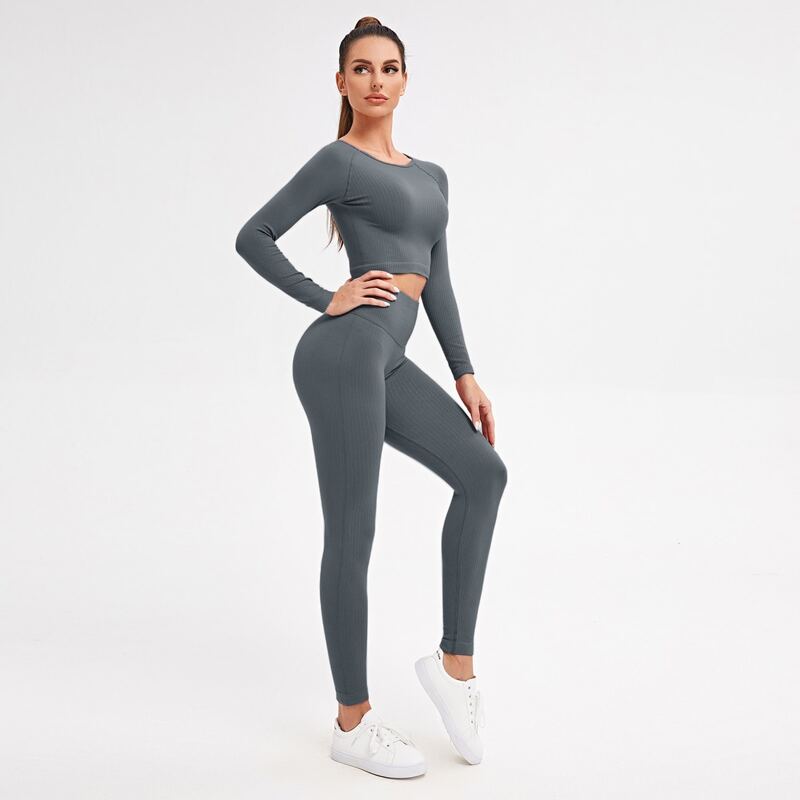 

Seamless Raglan Sleeve Sports Tee And Wide Band Waist Sports Leggings, Dark grey