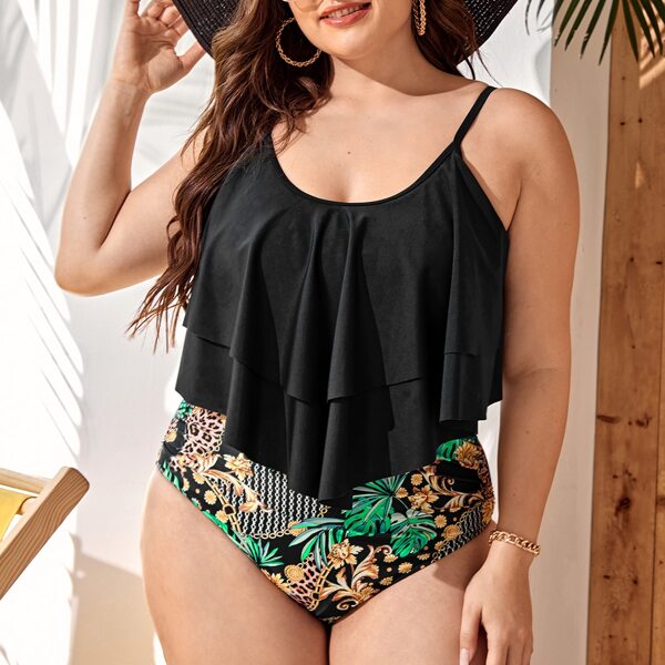 

Plus Tropical Hanky Hem Bikini Swimsuit, Black
