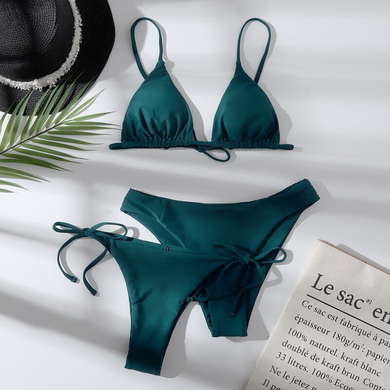 

3pack Triangle Tie Side Thong Bikini Swimsuit, Dark green