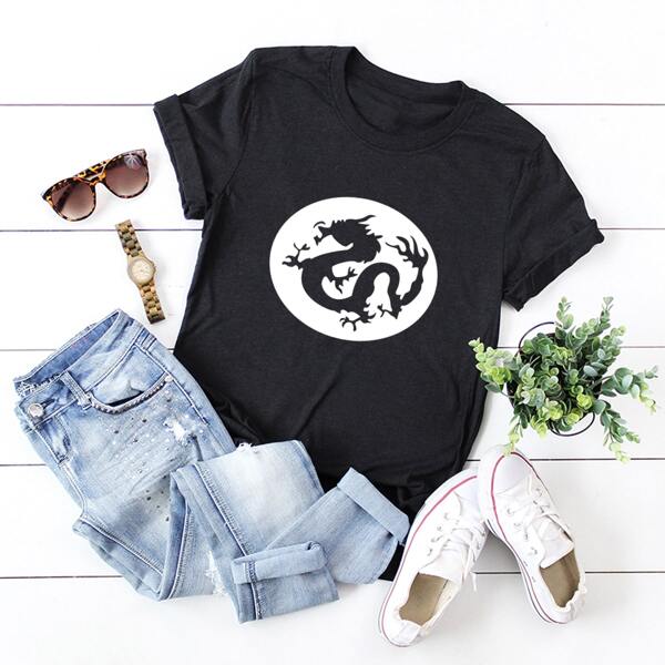 

Chinese Dragon Print Short Sleeve Tee, Black