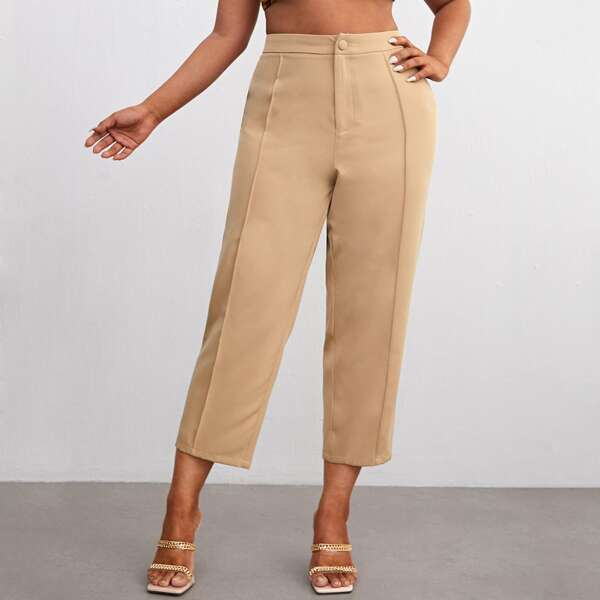 

Plus Solid Button Fly Pants, Khaki