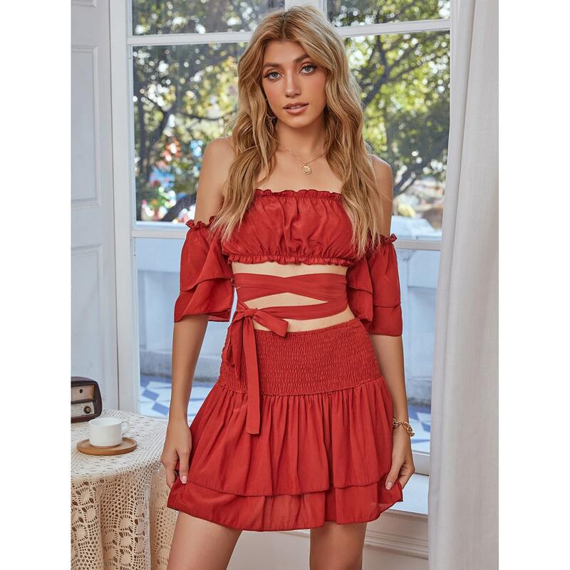 

Off Shoulder Lace Up Waist Top & Shirred Ruffle Hem Skirt Set, Red